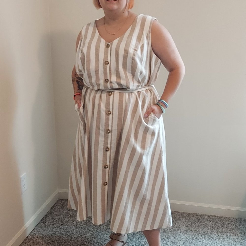 Jessica Howard Cream and Tan Striped Button-Front Midi Dress with Tie Waist